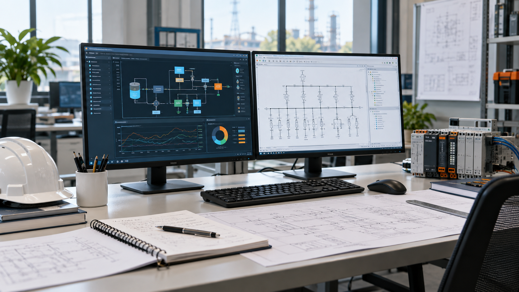 Engineering automation workstation with dashboards and electrical drawings