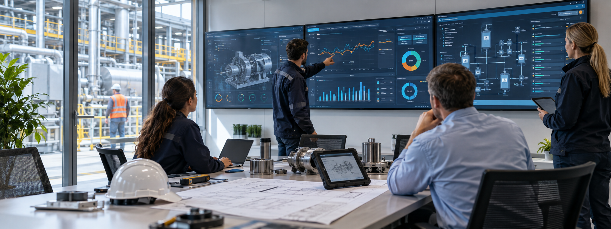 Engineering project team reviewing operational dashboards and equipment data