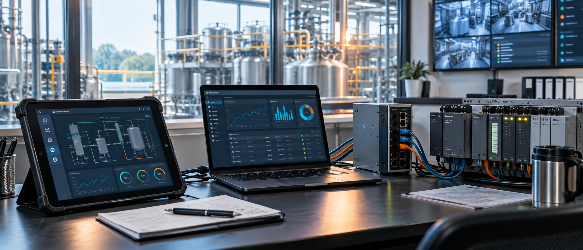 Industrial tablet, laptop and PLC hardware connected through operational data workflows